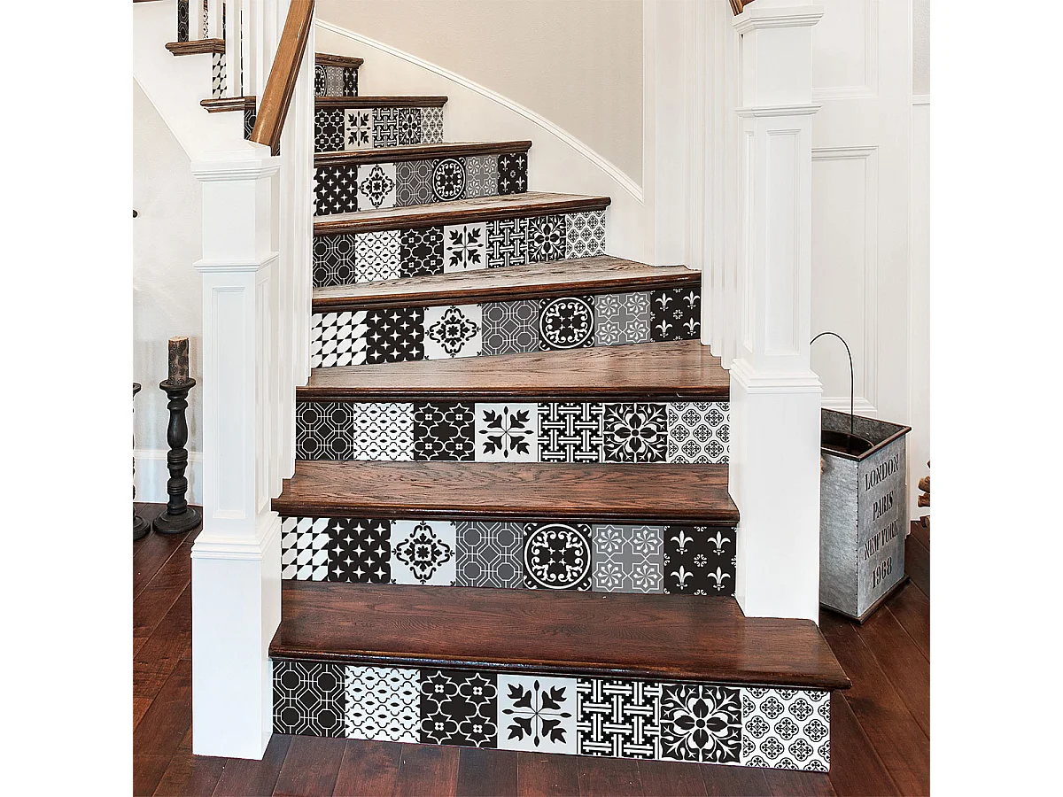 Ấn tượng với 20+ ý tưởng ốp gạch cầu thang dùng gạch hoạ tiết 16 gạch cùng tông hoạ tiết