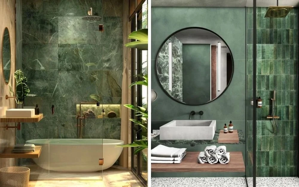 Top 12 mẫu gạch ốp lát nhà tắm đẹp hiếm gặp 2026 - Ốp gạch nhà tắm không lỗi thời 9 gach op lat phong tam xanh la reu
