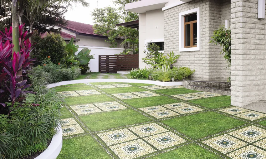 Top 20+ mẫu gạch ốp lát sân chống trơn, chống rêu, chịu lực cực tốt 9 Gạch giả cỏ xen kẽ rãnh thoát nước