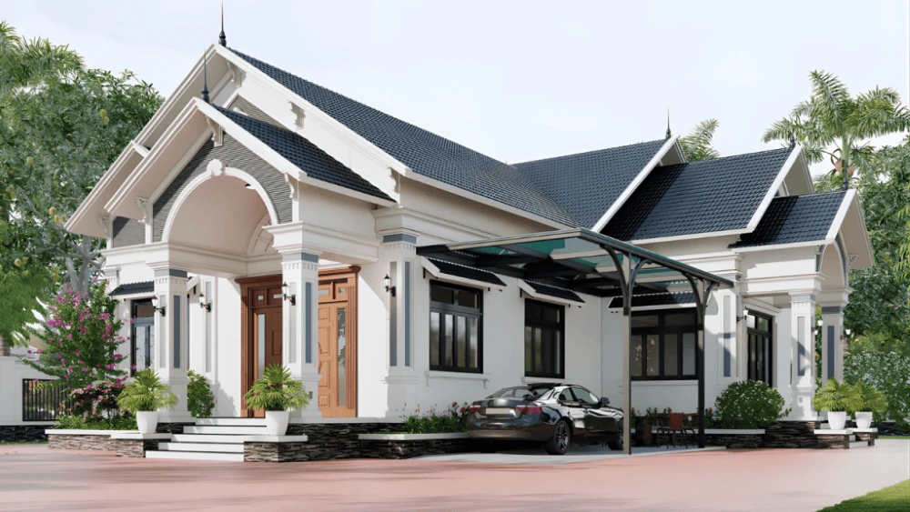 Gara để bên cạnh nhà kết hợp với kiểu mái Thái hiện đại