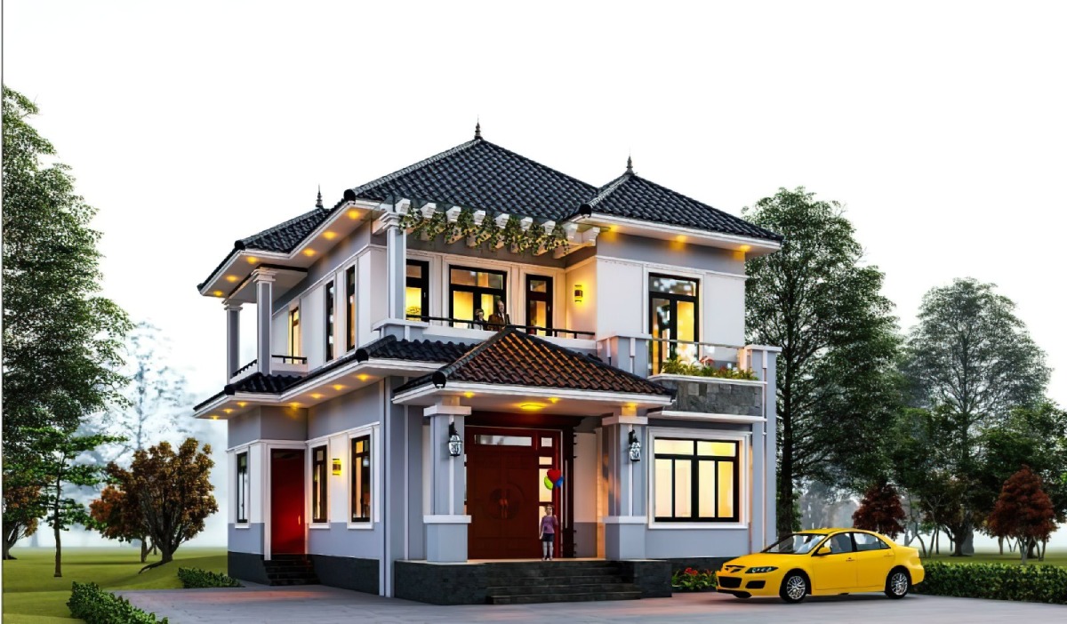 nhà mái nhật 2 tầng tối giản