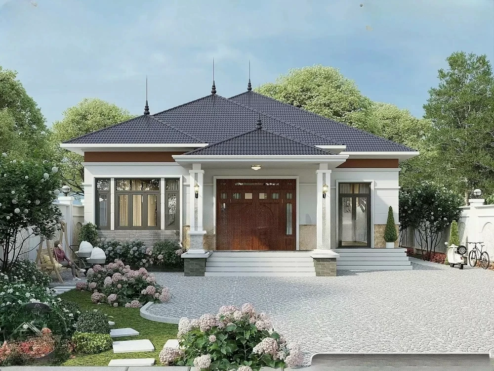 Nhà mái Nhật được bố trí thêm phần tiểu cảnh sân vườn