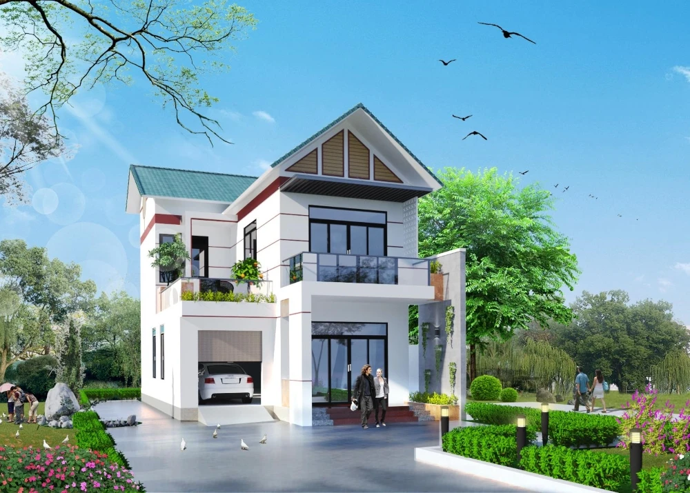 Nhà mái Thái có chỗ để ô tô bên cạnh nhà