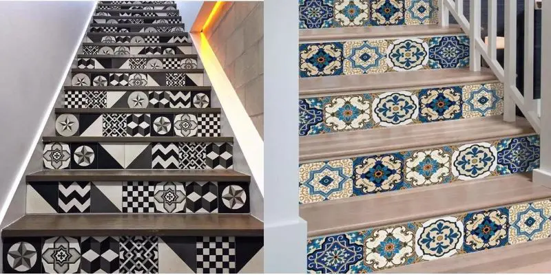 ốp gạch cầu thang hoạ tiết